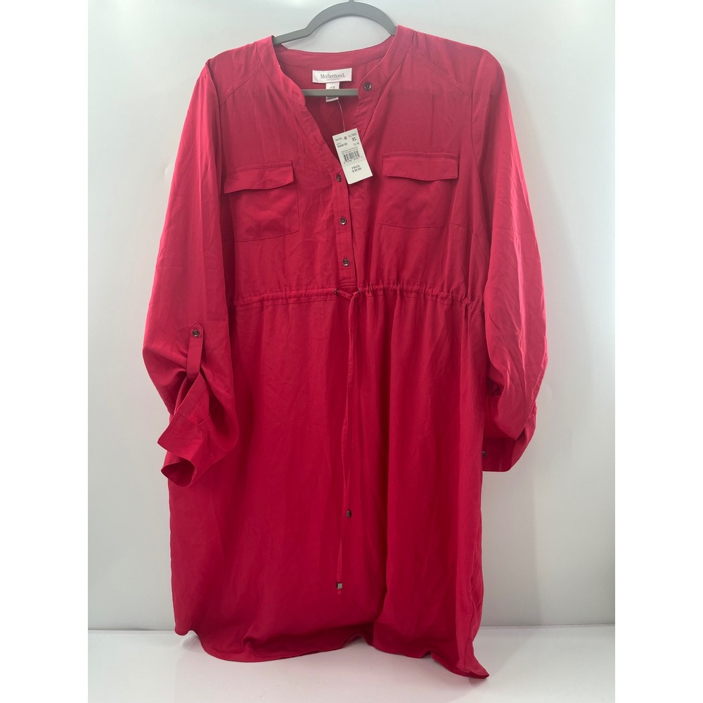 Motherhood Maternity Pink Button Front Drawstring Waist Roll Tab Dress XL NWT